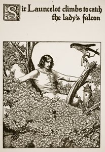 Sir Launcelot grimpe pour attraper le faucon de la dame, illustration de 